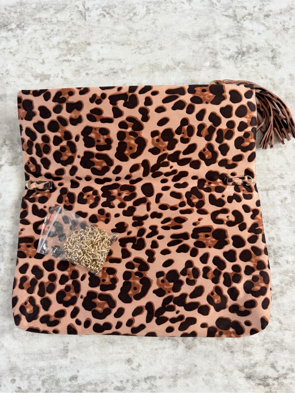 Leopard Print Fold-Over Clutch with Tassel - Picture 3 of 6